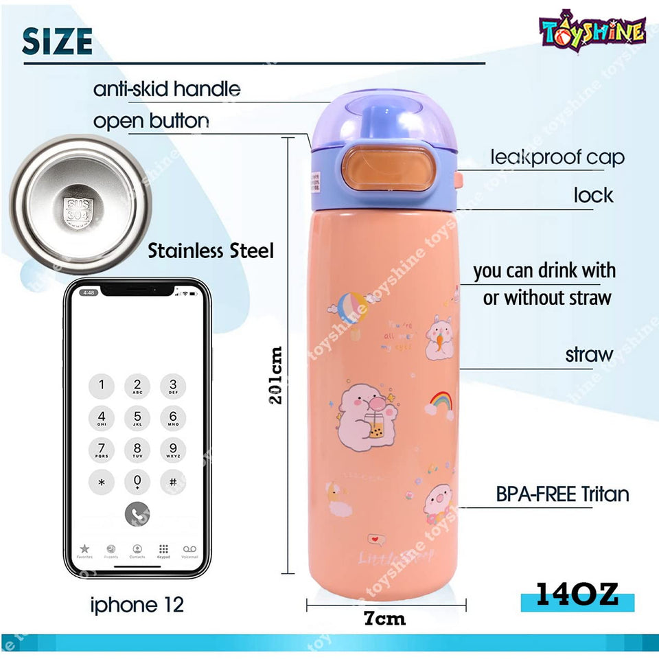Toyshine Insulated Water Bottle for Kids Reusable Double Walled Steel Flask Metal Thermos, Spill Proof Lock Closure, BPA Free for School Home, Silicon Gripper Children's Drinkware, 410 ML, Peach