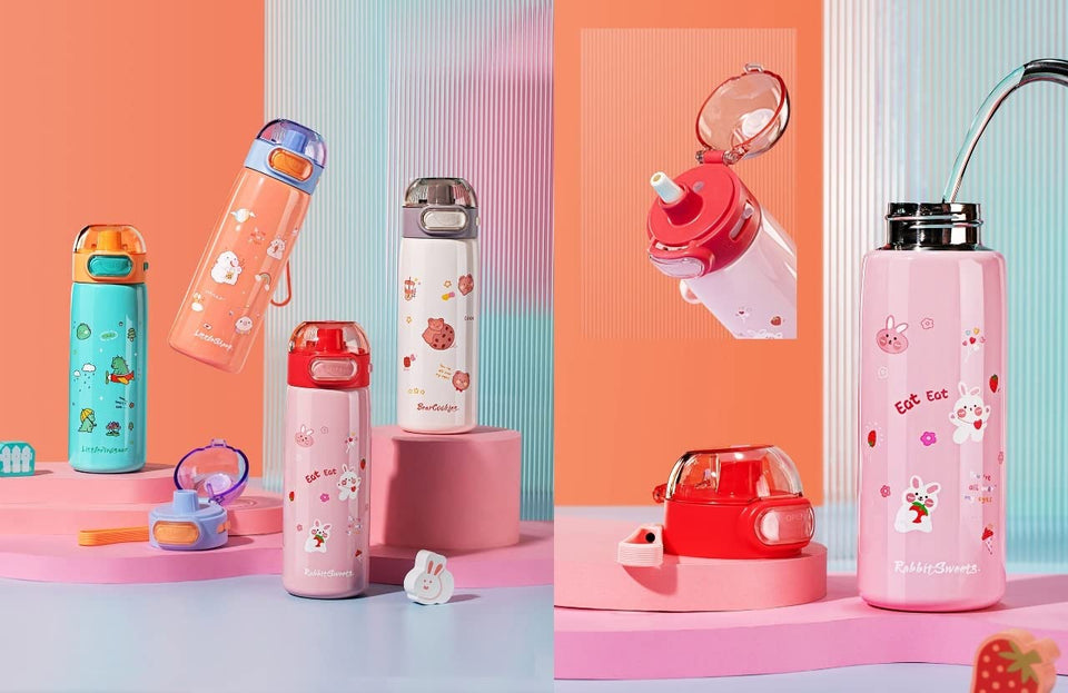 Toyshine Insulated Water Bottle for Kids Reusable Double Walled Steel Flask Metal Thermos, Spill Proof Lock Closure, BPA Free for School Home, Silicon Gripper Children's Drinkware, 410 ML, Cream