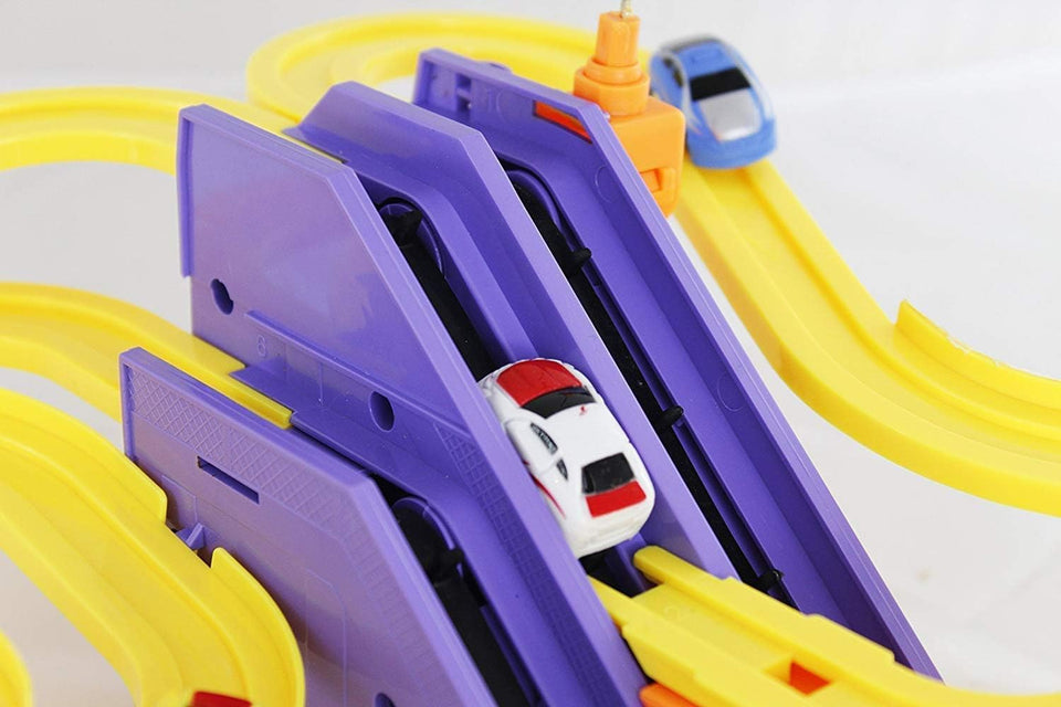 Toyshine Track Racer Racing Car Set with 4 Miniature Cars Rotating Helicopter Toy for 3-5 Year Boys Girls Kids Vehicle Toy Parking Set Game Ramp Toy