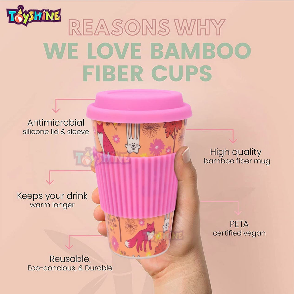 Toyshine Nature's Cup - Bamboo Kids Drinking Cups Mug with Silicone Grip Cups, Dinnerware Set, Toddler Cup, Dishwasher Safe 400 ML - Dark Pink