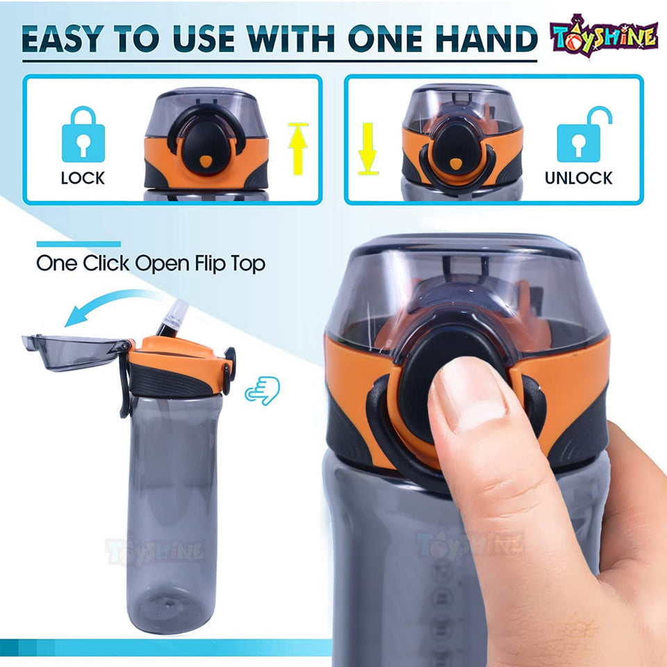 Toyshine Sporti Tritan Water Bottle With Ounce Marker, Spill Proof Straw Valve, BPA Free for Kids School Office Home Soft Handle Grip Children Adult Teens Drinkware 700 ML Gift Present- Black