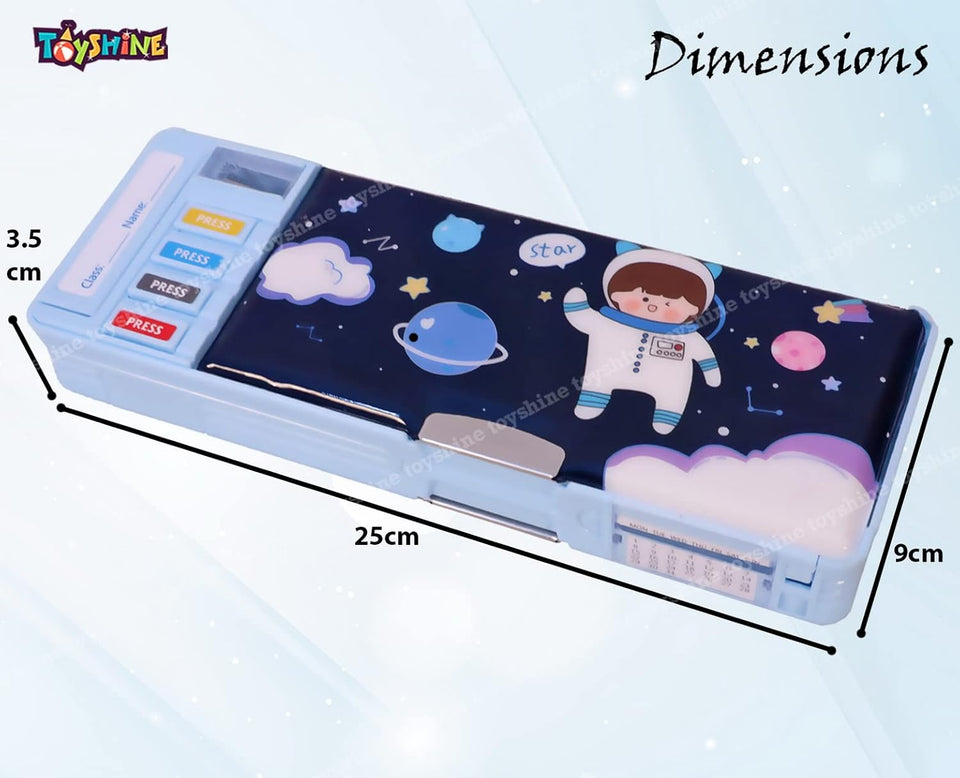 Toyshine Multi Compartment Button Operated Space Pencil Box, With Pen Stand In-Built, Push Button Enabled Storages And Sharpener For Kids - Blue - Plastic