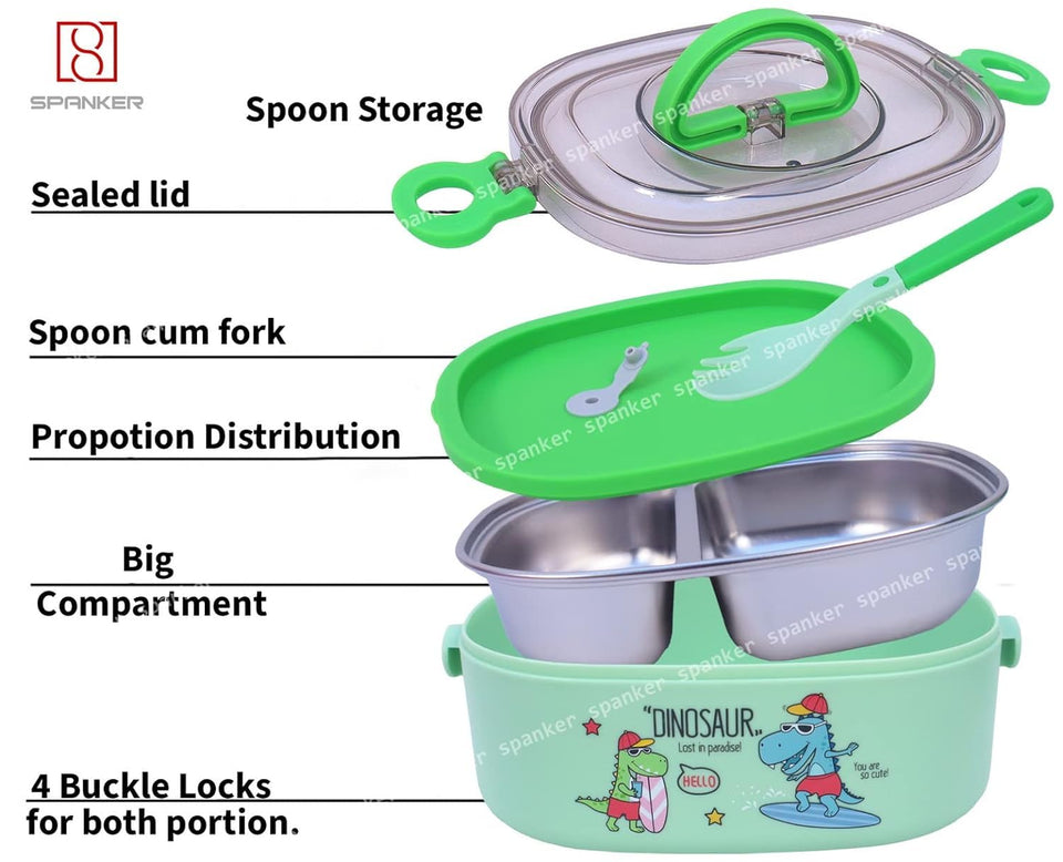 Spanker Dinosaur Lunch Box Thermal Stainless Steel 1000 ML Insulation Brunch Munch Box Tableware Set Portable Lunch Containers for Kid Adult Student Children Keep Food - Green B