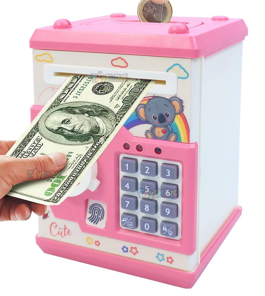 Toyshine Money Safe Piggy Bank Toy for Kids with 3 Step Unlock Password Touch Fingerprint Sensor - Red