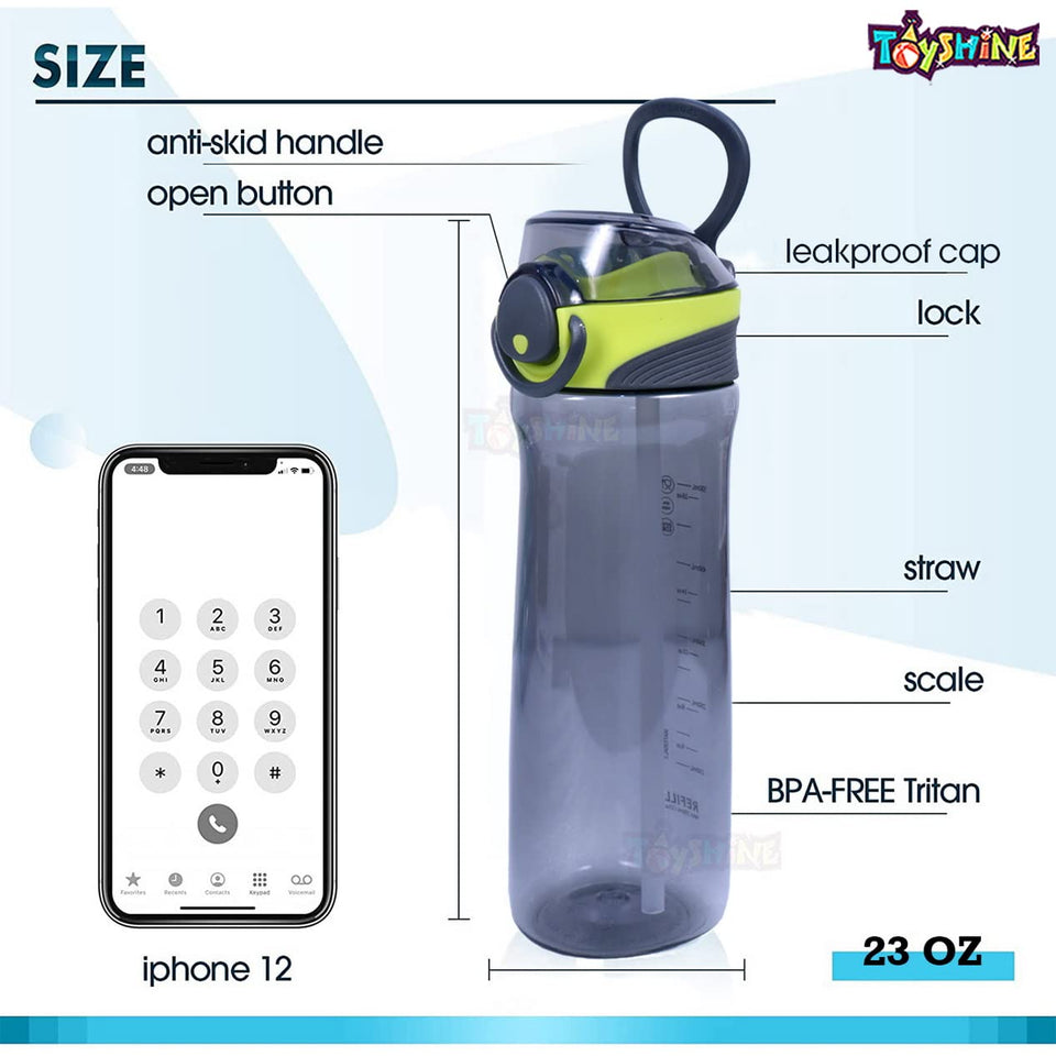 Toyshine Sporti Tritan Water Bottle With Ounce Marker, Spill Proof Straw Valve, BPA Free for Kids School Office Home Soft Handle Grip Children Adult Teens Drinkware 700 ML Gift Present- Black