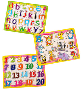 Toyshine Premium 3 in 1 Wooden Small ABC, Numbers 123 (1- B0) and Animals Puzzle Toy, Educational and Learning Toy - Model B
