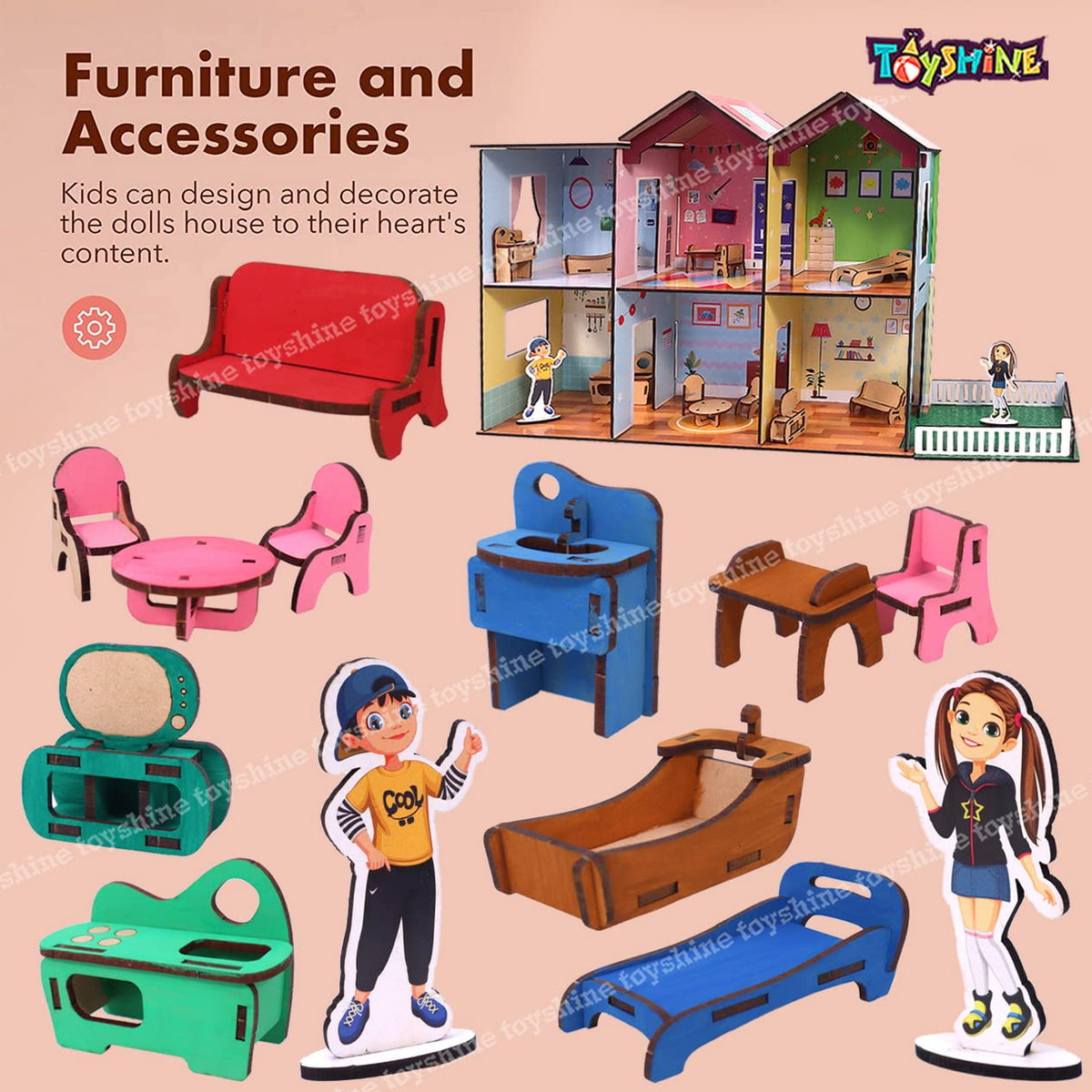 Toyshine Big Size Wooden DIY Doll House for Kids with Furniture, Dolls