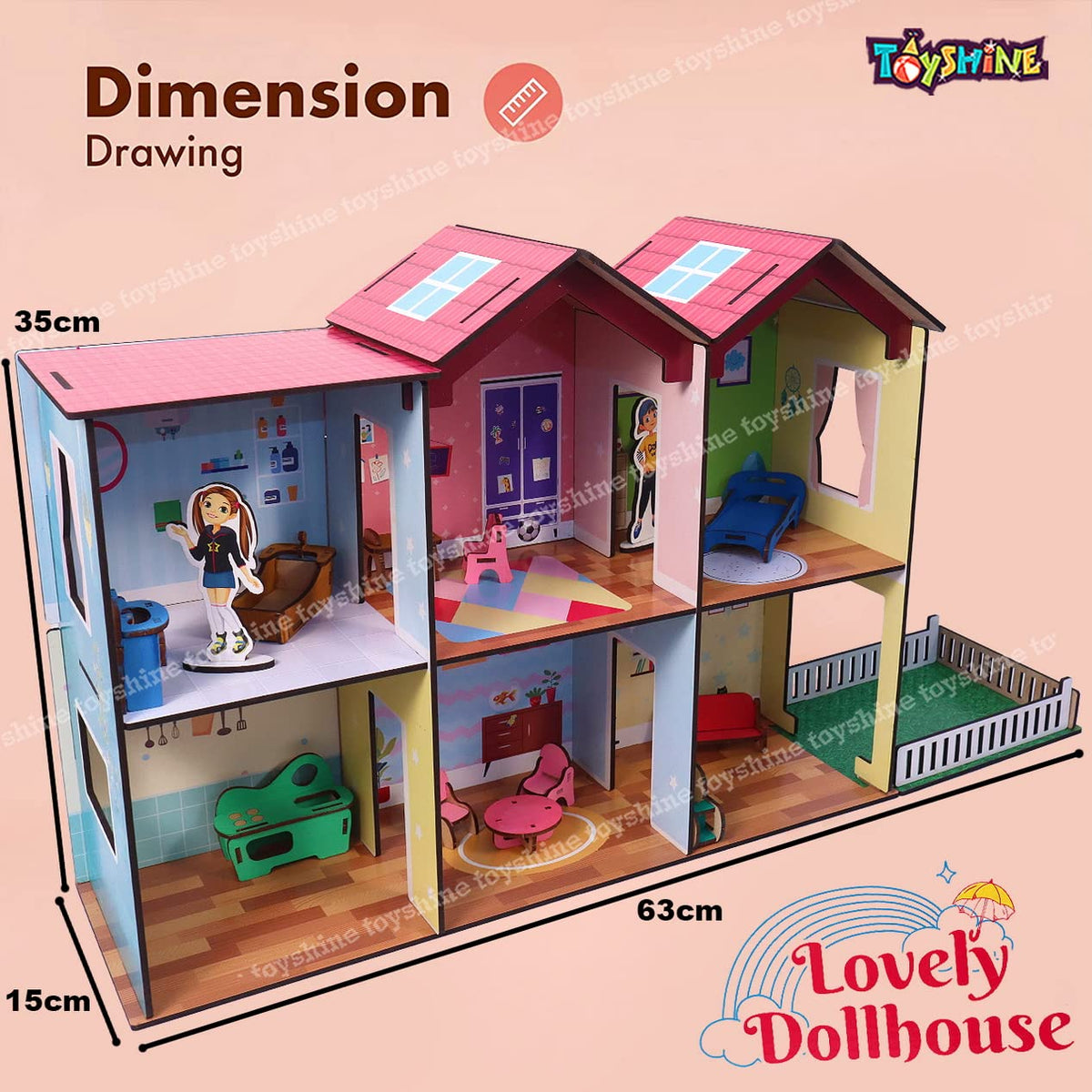 Toyshine Big Size Wooden DIY Doll House for Kids with Furniture, Dolls