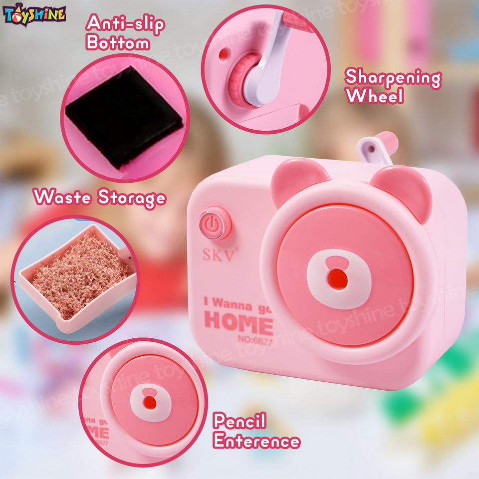 Toyshine Pack of 6 Camera Shape Manual Handheld Easy to Operate Pencil Sharpener inbuilt with Stronger Helical Blade for Kids and Artists - Pink