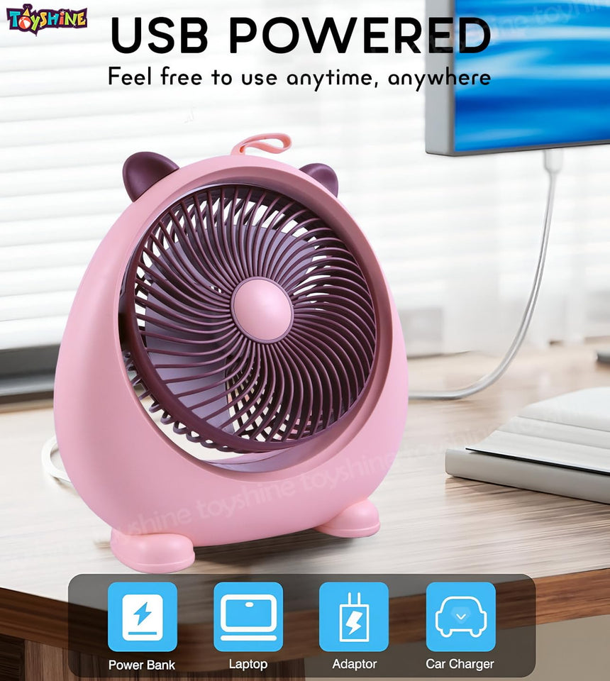 Toyshine Cool Cat Design Portable 3 Speeds Mode Rechargeable Strong Airflow Table Fan for Travel/Office/Desktop Kids Girls indoor Outdoor use - Pink