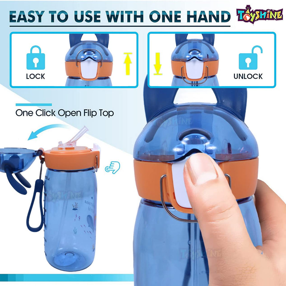 Toyshine Bunny Kids Water Bottle With Straw - Spill Proof Straw Valve, Pop Button, BPA Free Water Bottle for Kids School - Featuring Soft Silicone Handle Grip - Children's Drinkware - 550 ML - Blue
