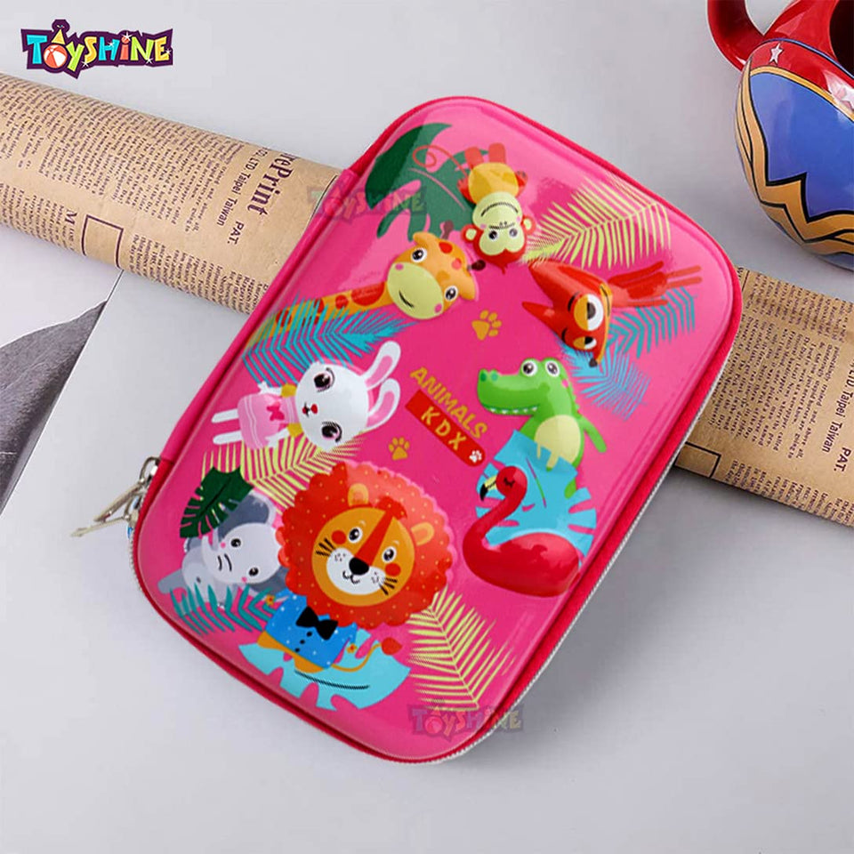 Toyshine Animal Kingdom Hardtop Pencil Case With Compartments - Kids Large Capacity School Supply Organizer Students Stationery Box - Girls Boys Pen Pouch- Dark Pink - Ethylene Vinyl Acetate (EVA)
