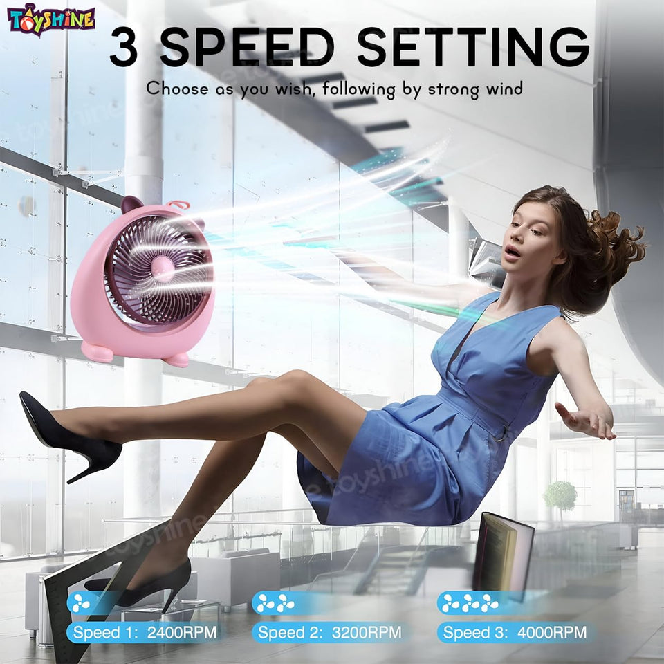 Toyshine Cool Cat Design Portable 3 Speeds Mode Rechargeable Strong Airflow Table Fan for Travel/Office/Desktop Kids Girls indoor Outdoor use - Pink