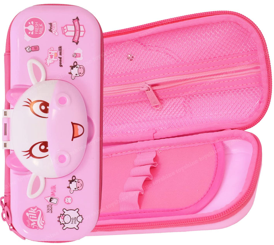 Toyshine I Love Milk Hardtop Pencil Case with Multiple Compartments - Kids School Supply Organizer Students Stationery Box - Girls Pen Pouch- Pink