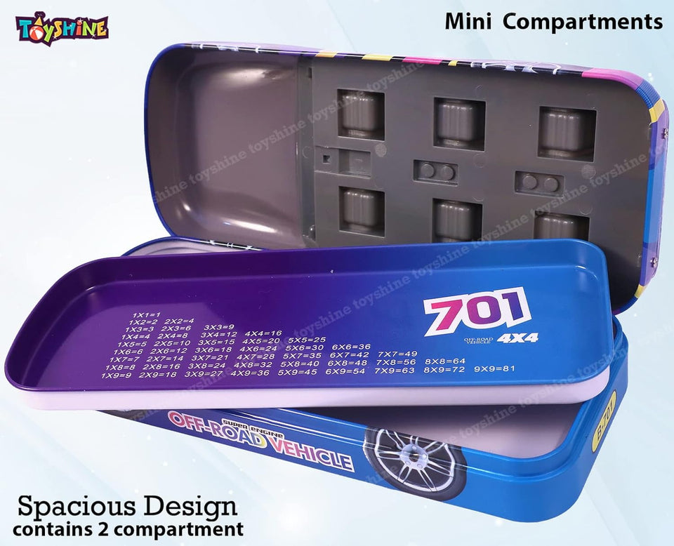 Toyshine Engine 701 Car Metal Pencil Box, Double Comparment for Kids - Blue