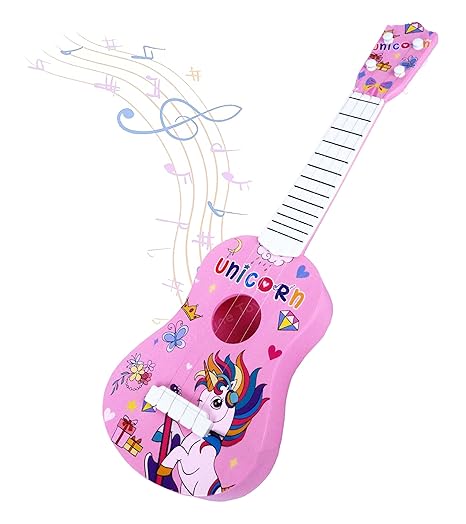 Toyshine 21" Unicorn Theme 4 String Guitar Easy-to-Hold Thin Frets Low String Musical Instrument Learning Educational Toy Gift for Toddlers Kids