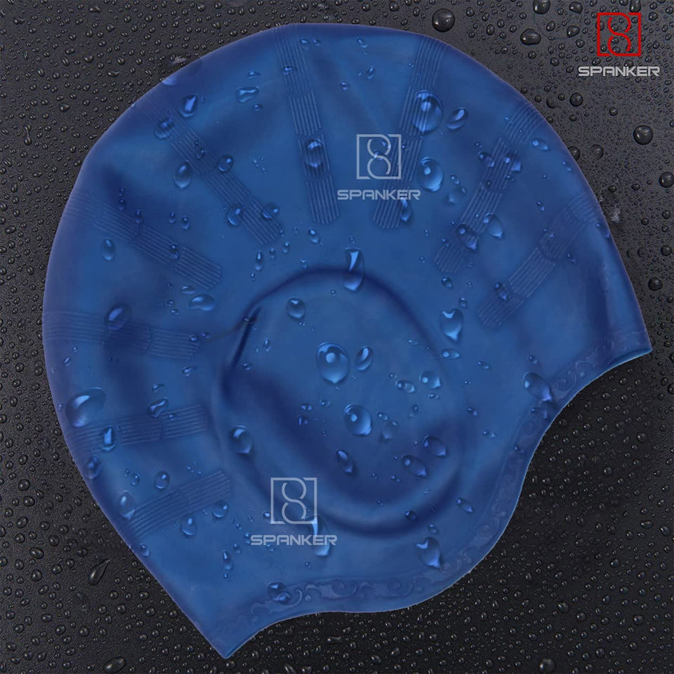 Spanker Unisex Swim Cap with 3D Ear Protection, Durable Flexible Silicone Swimming Hat for Short/Long Hair with Ear Plugs&Nose Clip, Dark Blue SSTP