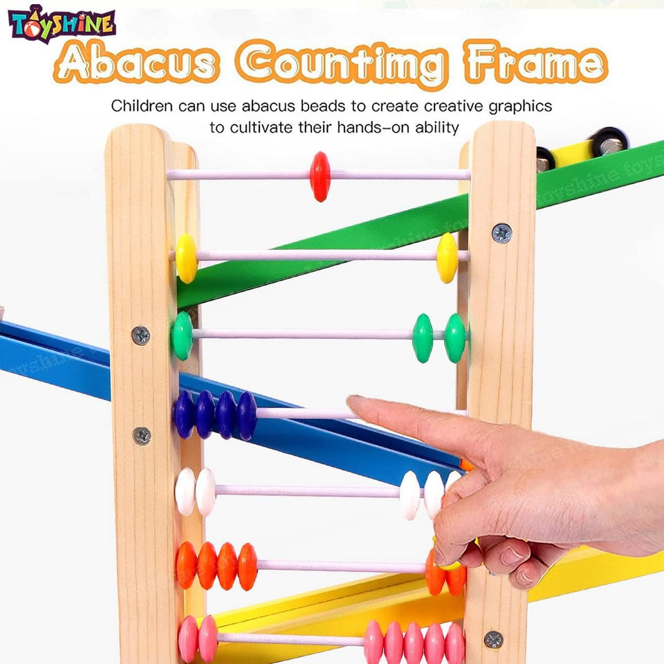 Toyshine Wooden Racer Ramp Toy with 4 Car Ramps, 4 Mini Cars & Abacus – Wood Race Track for 3-5 Year, Boys & Girls –Educational Vehicle Toys- Multi Color