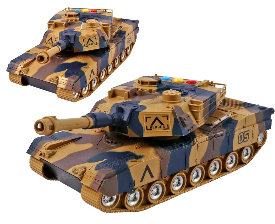 Toyshine 1:16 Scale Friction Powered Army Tank Vehicle with Lights and Sounds, Pretend War & Action Toy for Kids, Brown