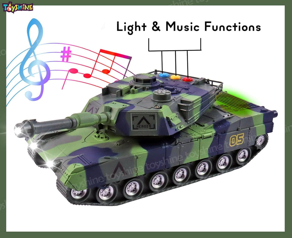 Toyshine 1:16 Scale Friction Powered Army Tank Vehicle with Lights and Sounds, Pretend War & Action Toy for Kids, Green