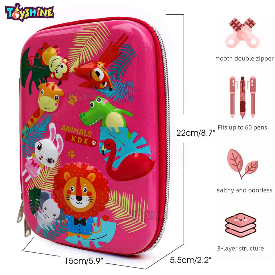 Toyshine Animal Kingdom Hardtop Pencil Case With Compartments - Kids Large Capacity School Supply Organizer Students Stationery Box - Girls Boys Pen Pouch- Dark Pink - Ethylene Vinyl Acetate (EVA)