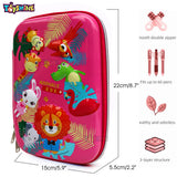 Toyshine Animal Kingdom Hardtop Pencil Case With Compartments - Kids Large Capacity School Supply Organizer Students Stationery Box - Girls Boys Pen Pouch- Dark Pink - Ethylene Vinyl Acetate (EVA)