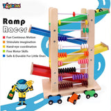 Toyshine Wooden Racer Ramp Toy with 4 Car Ramps, 4 Mini Cars & Abacus – Wood Race Track for 3-5 Year Boys & Girls Educational Vehicle Toys - Multi Color