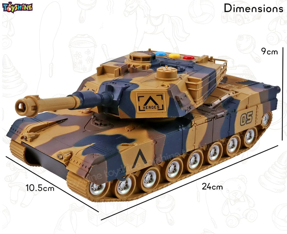 Toyshine 1:16 Scale Friction Powered Army Tank Vehicle with Lights and Sounds, Pretend War & Action Toy for Kids, Brown