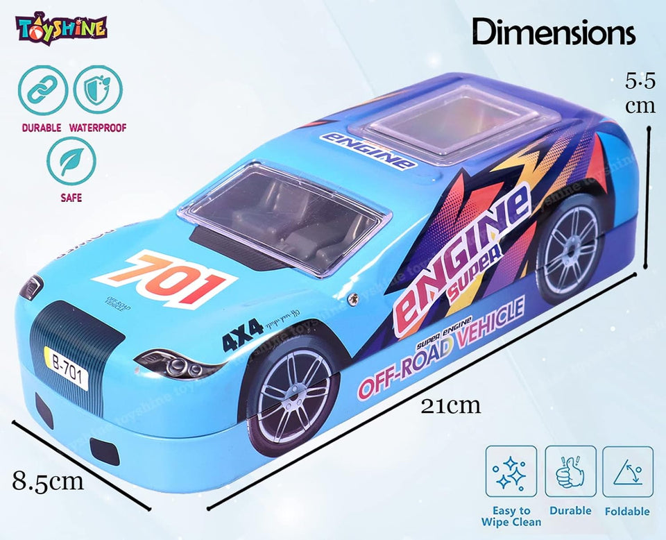 Toyshine Engine 701 Car Metal Pencil Box, Double Comparment for Kids - Light Blue