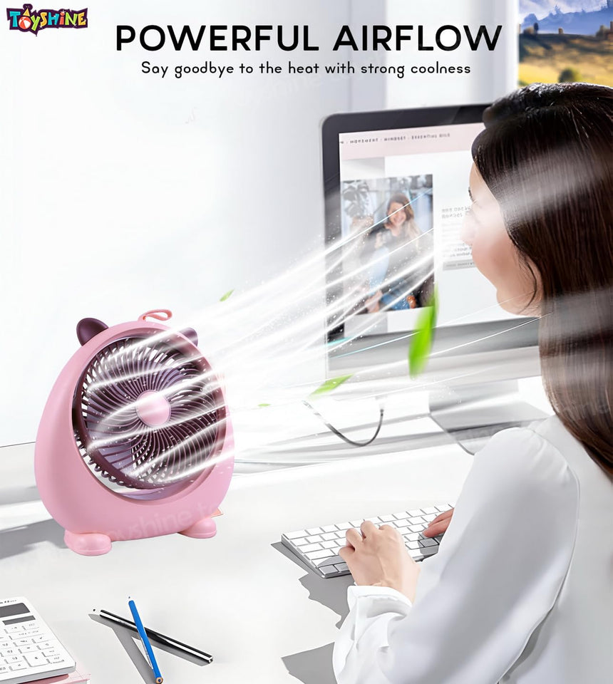 Toyshine Cool Cat Design Portable 3 Speeds Mode Rechargeable Strong Airflow Table Fan for Travel/Office/Desktop Kids Girls indoor Outdoor use - Pink
