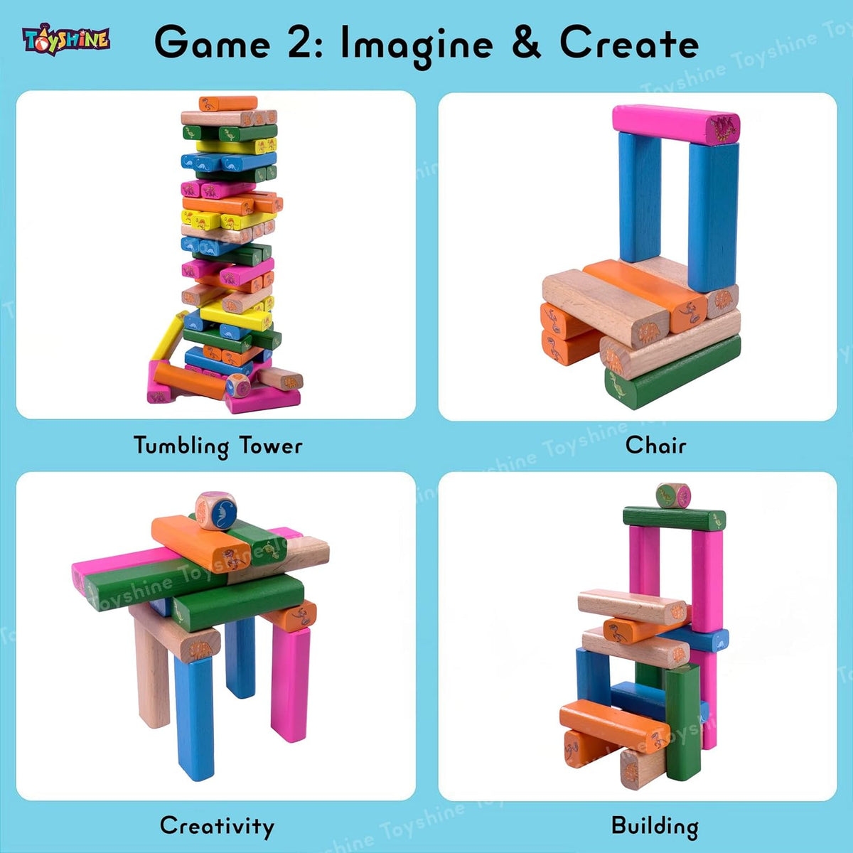 Toyshine 54pcs Dino Theme Building Blocks Balancing Tower Montessori  Learning Sorting Toys for Toddlers and Family- Multi