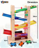 Toyshine Wooden Racer Ramp Toy with 4 Car Ramps, 4 Mini Cars & Abacus – Wood Race Track for 3-5 Year, Boys & Girls –Educational Vehicle Toys- Multi Color