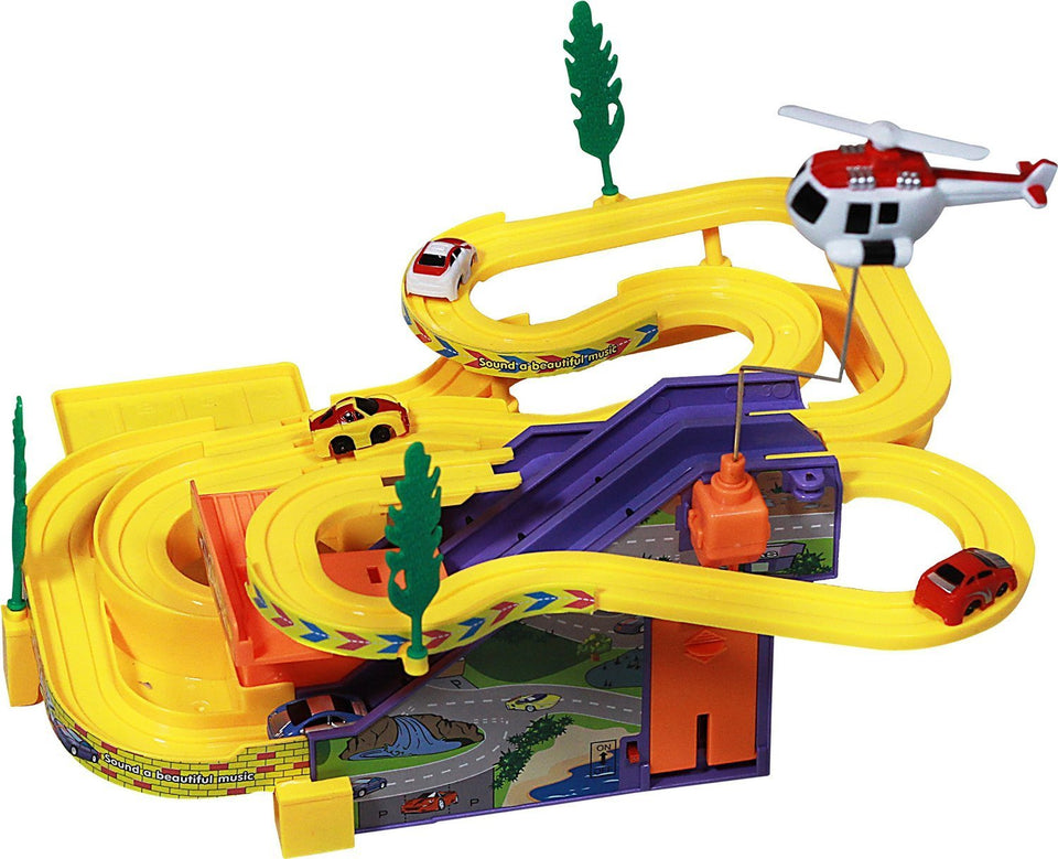 Toyshine Track Racer Racing Car Set with 4 Miniature Cars Rotating Helicopter Toy for 3-5 Year Boys Girls Kids Vehicle Toy Parking Set Game Ramp Toy