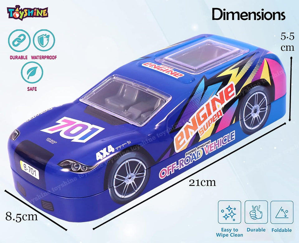 Toyshine Engine 701 Car Metal Pencil Box, Double Comparment for Kids - Blue