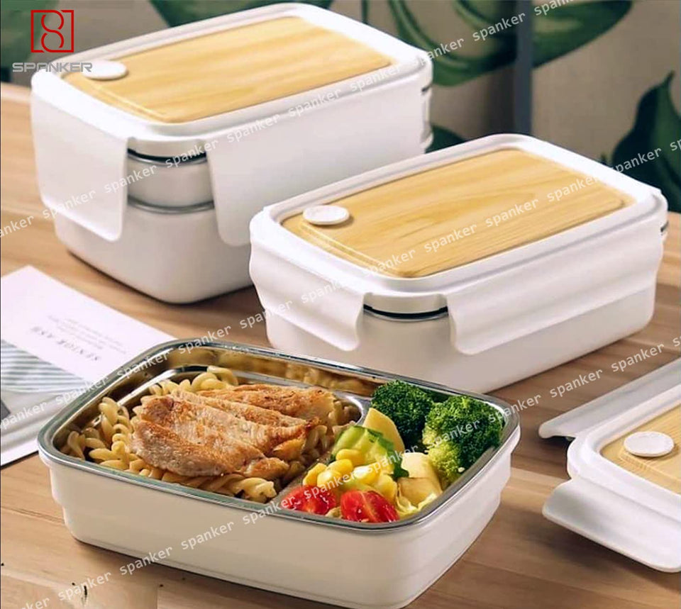 Spanker Wood Double Decker Finish Lunch Box Thermal Stainless Steel Insulation Box Tableware Set Portable Tiffin Box for Kid Adult Student Children Keep Food - 1400 ML - White