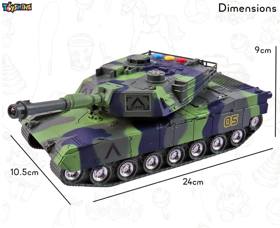 Toyshine 1:16 Scale Friction Powered Army Tank Vehicle with Lights and Sounds, Pretend War & Action Toy for Kids, Green