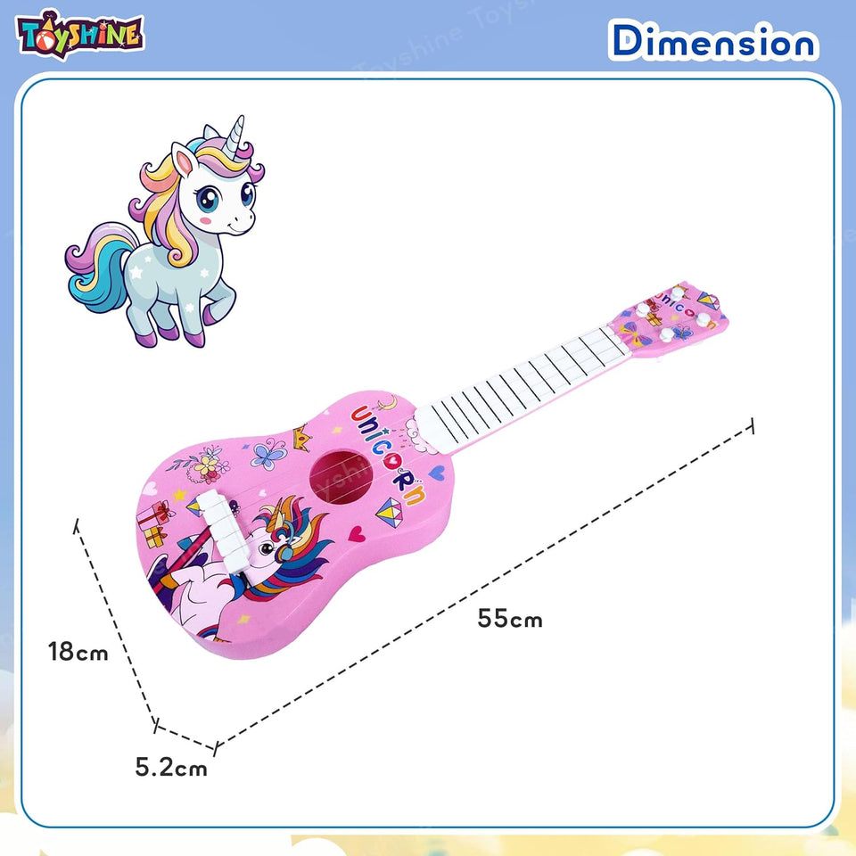 Toyshine 21" Unicorn Theme 4 String Guitar Easy-to-Hold Thin Frets Low String Musical Instrument Learning Educational Toy Gift for Toddlers Kids