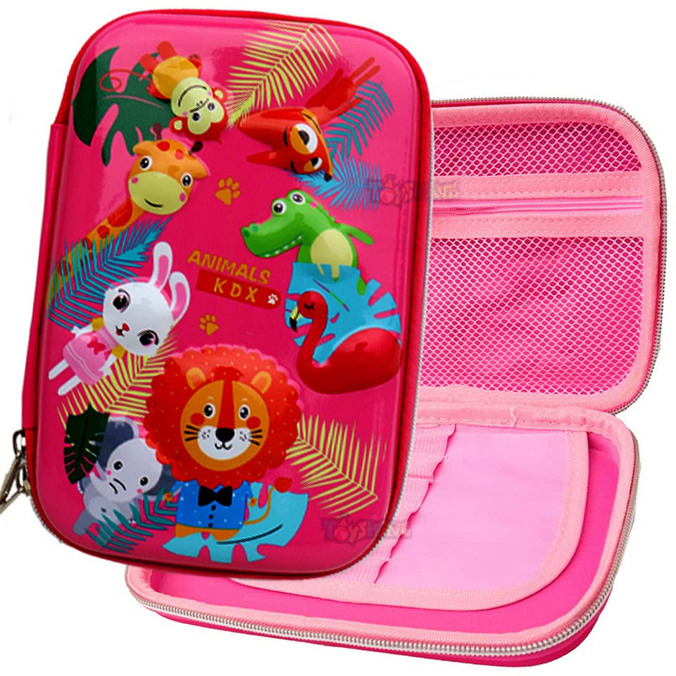 Toyshine Animal Kingdom Hardtop Pencil Case With Compartments - Kids Large Capacity School Supply Organizer Students Stationery Box - Girls Boys Pen Pouch- Dark Pink - Ethylene Vinyl Acetate (EVA)
