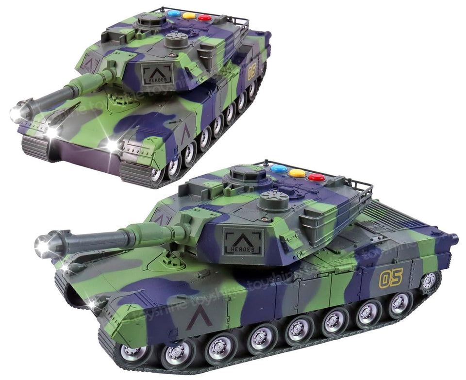 Toyshine 1:16 Scale Friction Powered Army Tank Vehicle with Lights and Sounds, Pretend War & Action Toy for Kids, Green