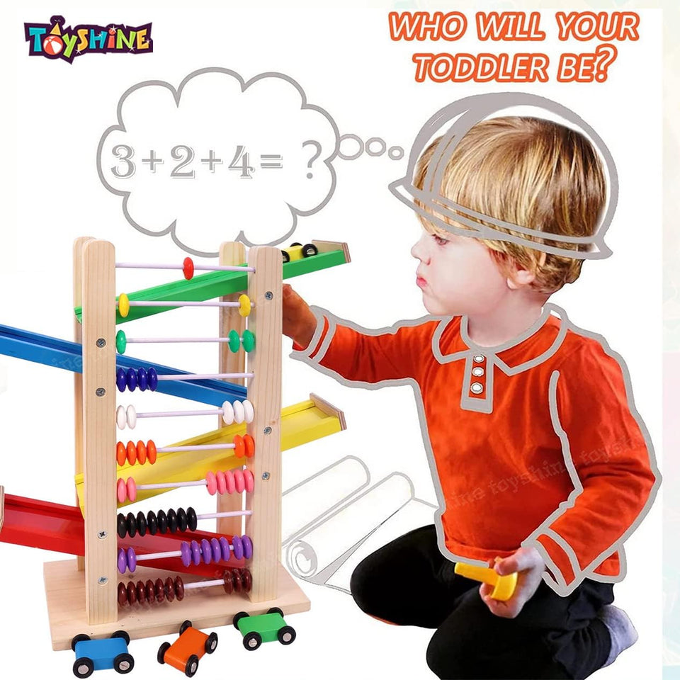 Toyshine Wooden Racer Ramp Toy with 4 Car Ramps, 4 Mini Cars & Abacus – Wood Race Track for 3-5 Year, Boys & Girls –Educational Vehicle Toys- Multi Color