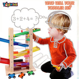Toyshine Wooden Racer Ramp Toy with 4 Car Ramps, 4 Mini Cars & Abacus – Wood Race Track for 3-5 Year, Boys & Girls –Educational Vehicle Toys- Multi Color
