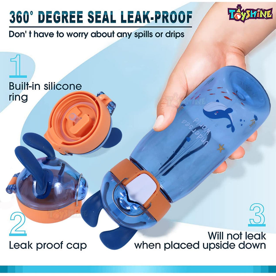 Toyshine Bunny Kids Water Bottle With Straw - Spill Proof Straw Valve, Pop Button, BPA Free Water Bottle for Kids School - Featuring Soft Silicone Handle Grip - Children's Drinkware - 550 ML - Blue