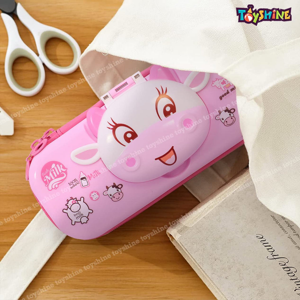 Toyshine I Love Milk Hardtop Pencil Case with Multiple Compartments - Kids School Supply Organizer Students Stationery Box - Girls Pen Pouch- Pink
