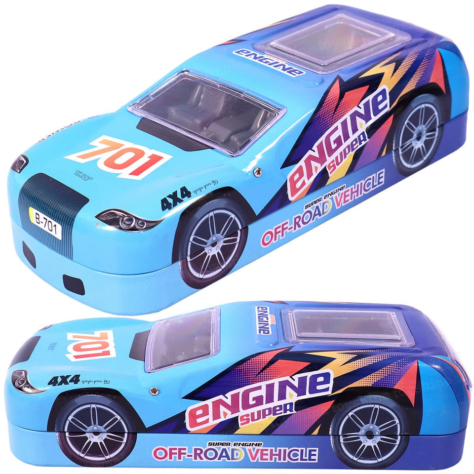 Toyshine Engine 701 Car Metal Pencil Box, Double Comparment for Kids - Light Blue