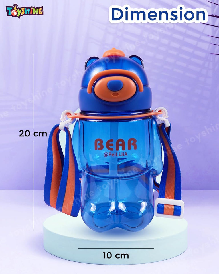 Toyshine 800ml Teddy Theme Anti-Leak BPA Free Spill Proof Cap Closure Kids Water Bottle with Straw And Strap for School Home and outdoor use - Blue