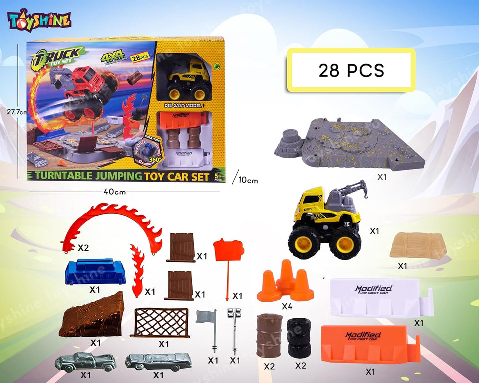 Toyshine 28 pcs Track Set with High Speed Launcher Turntable Jumping Alloy 4x4 Wheel Drive Monster Truck Toy