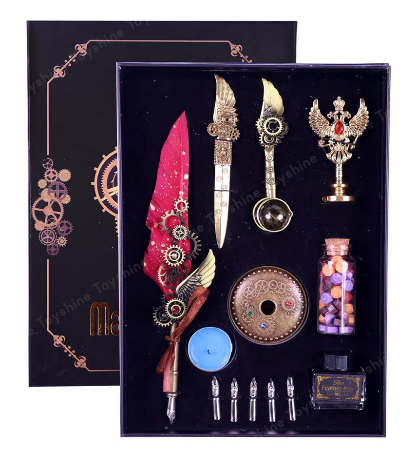 Toyshine Sprinkled Gold Feather Quill Calligraphy Pen with Dip Business Fire Paint ink and Wax Seal Stamp Set for Student Birthday Party Stationery Gift Box - Multicolor