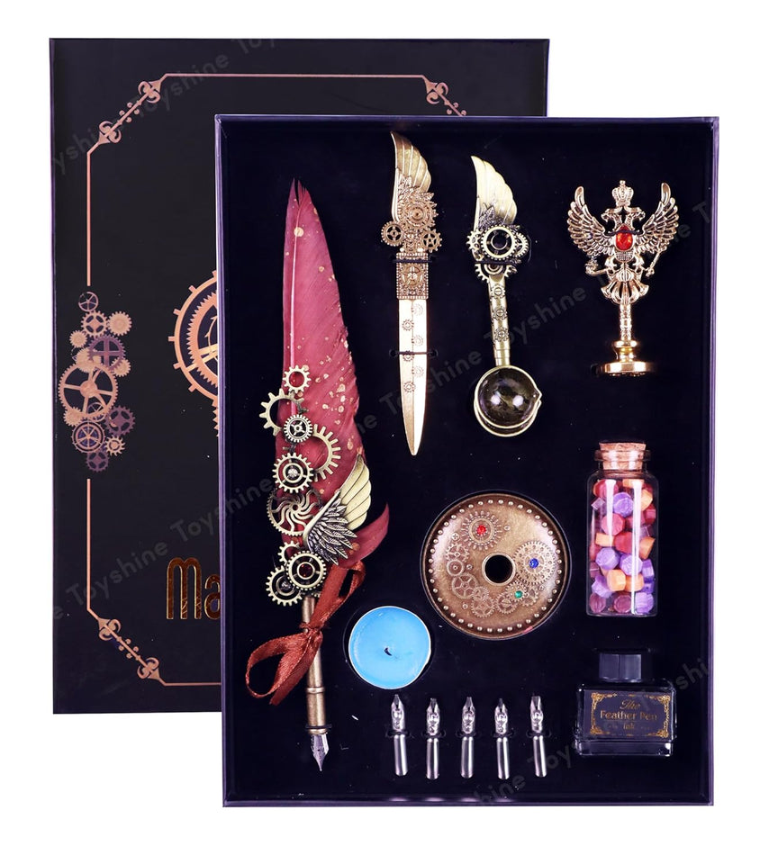 Toyshine Sprinkled Gold Feather Quill Calligraphy Pen with Dip Business Fire Paint ink and Wax Seal Stamp Set for Student Birthday Party Stationery Gift Box - Multicolor