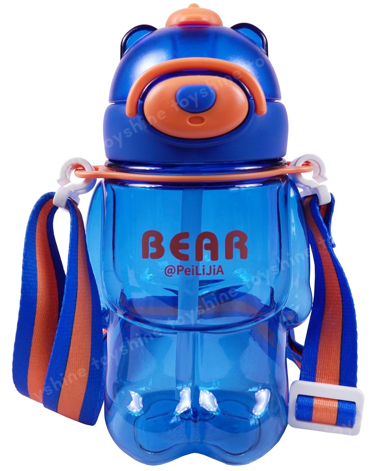 Toyshine 800ml Teddy Theme Anti-Leak BPA Free Spill Proof Cap Closure Kids Water Bottle with Straw And Strap for School Home and outdoor use - Blue