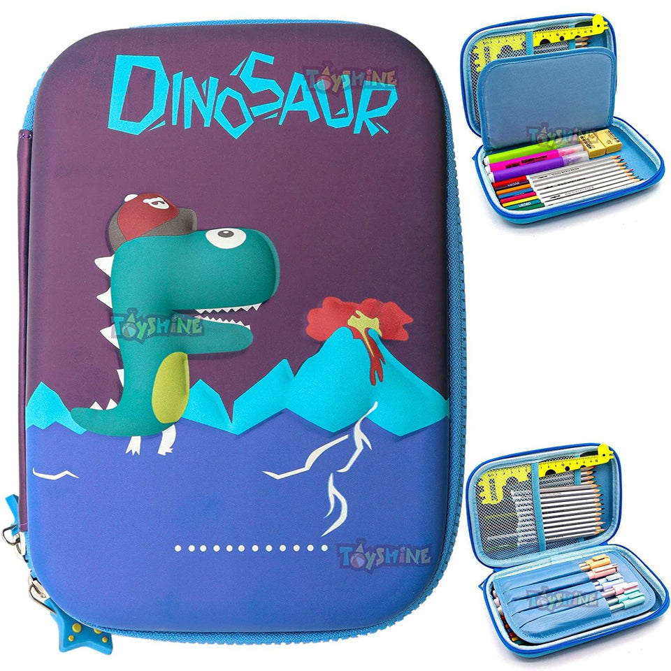 Toyshine Blue Mauve Dinosaur Hardtop Pencil Case with Compartments - Kids Large Capacity School Supply Organizer Students Stationery Box - Girls Boys Pen Pouch - B